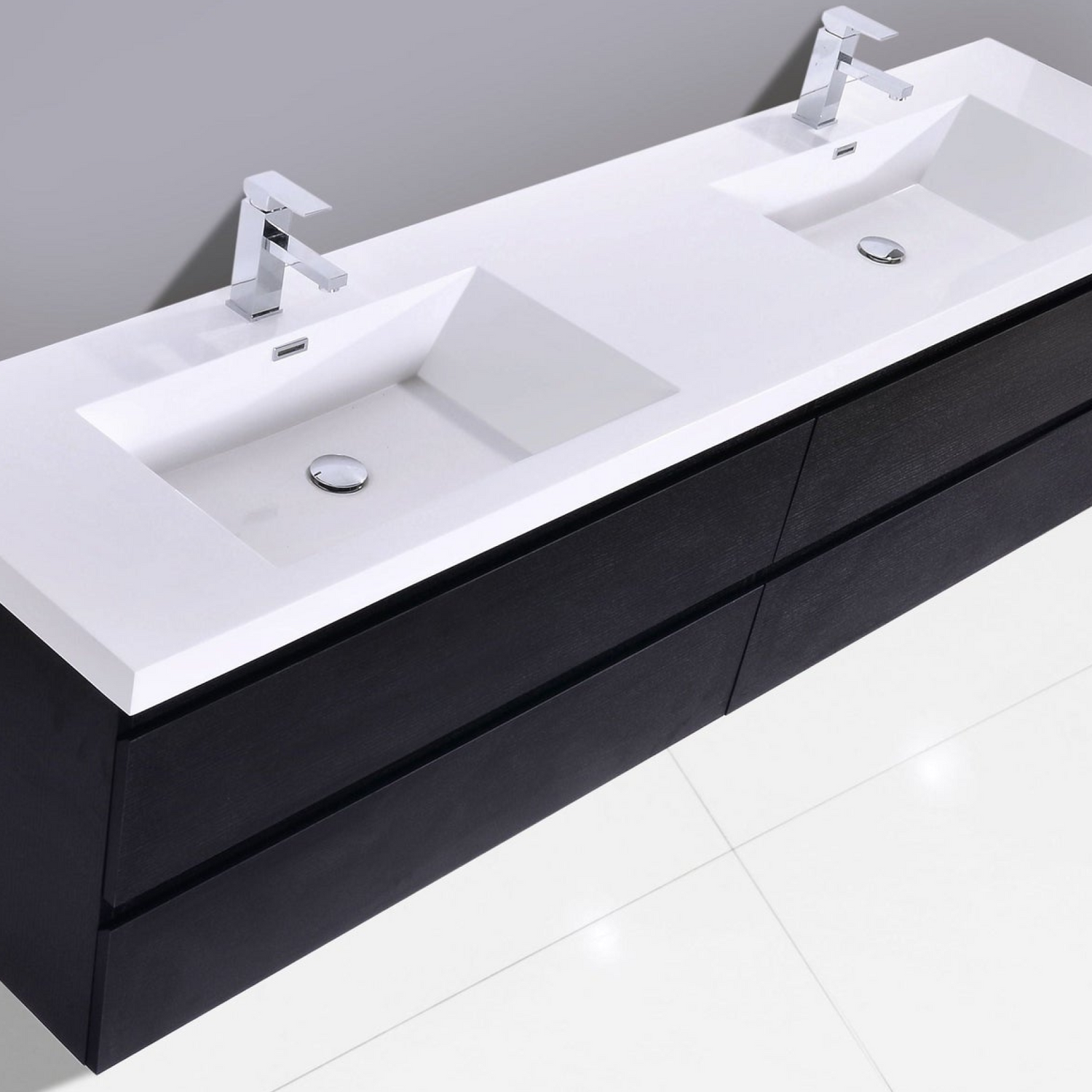 Boho Elegance 84&quot; Rich Black Wall-Mounted Vanity With Double Reinforced White Acrylic Sinks
