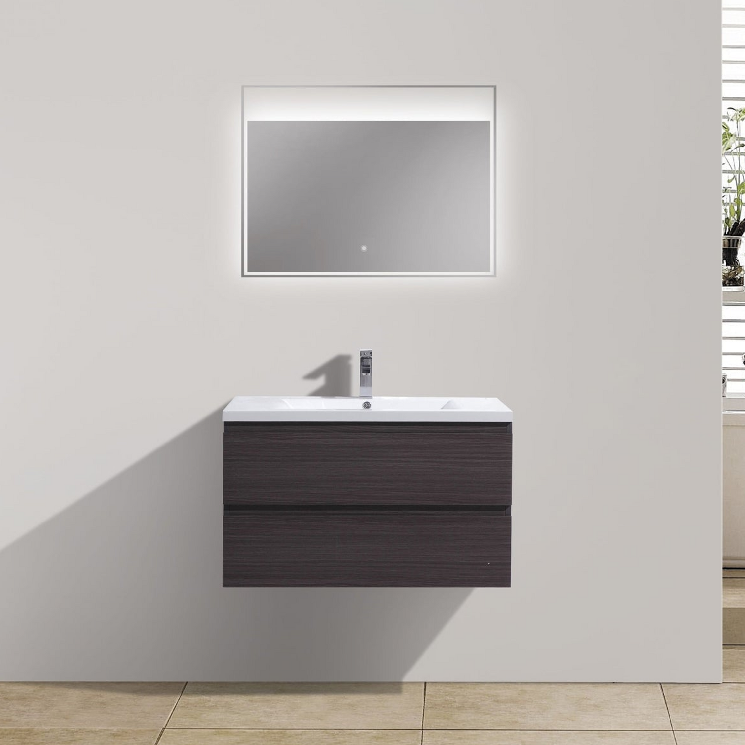 Boho Elegance 36&quot; Dark Gray Oak Wall-Mounted Vanity With Single Reinforced White Acrylic Sink