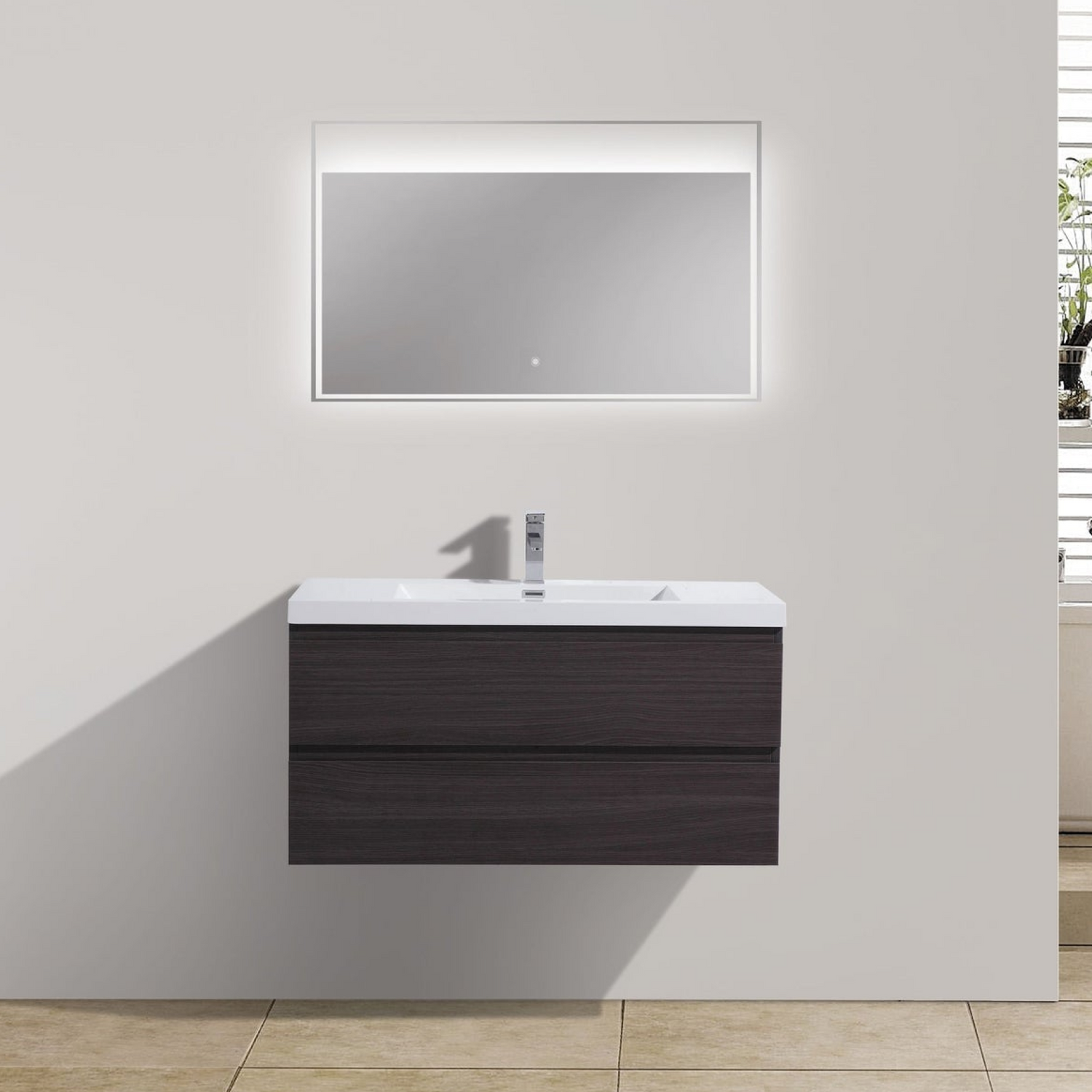 Boho Elegance 42&quot; Dark Gray Oak Wall-Mounted Vanity With Single Reinforced White Acrylic Sink