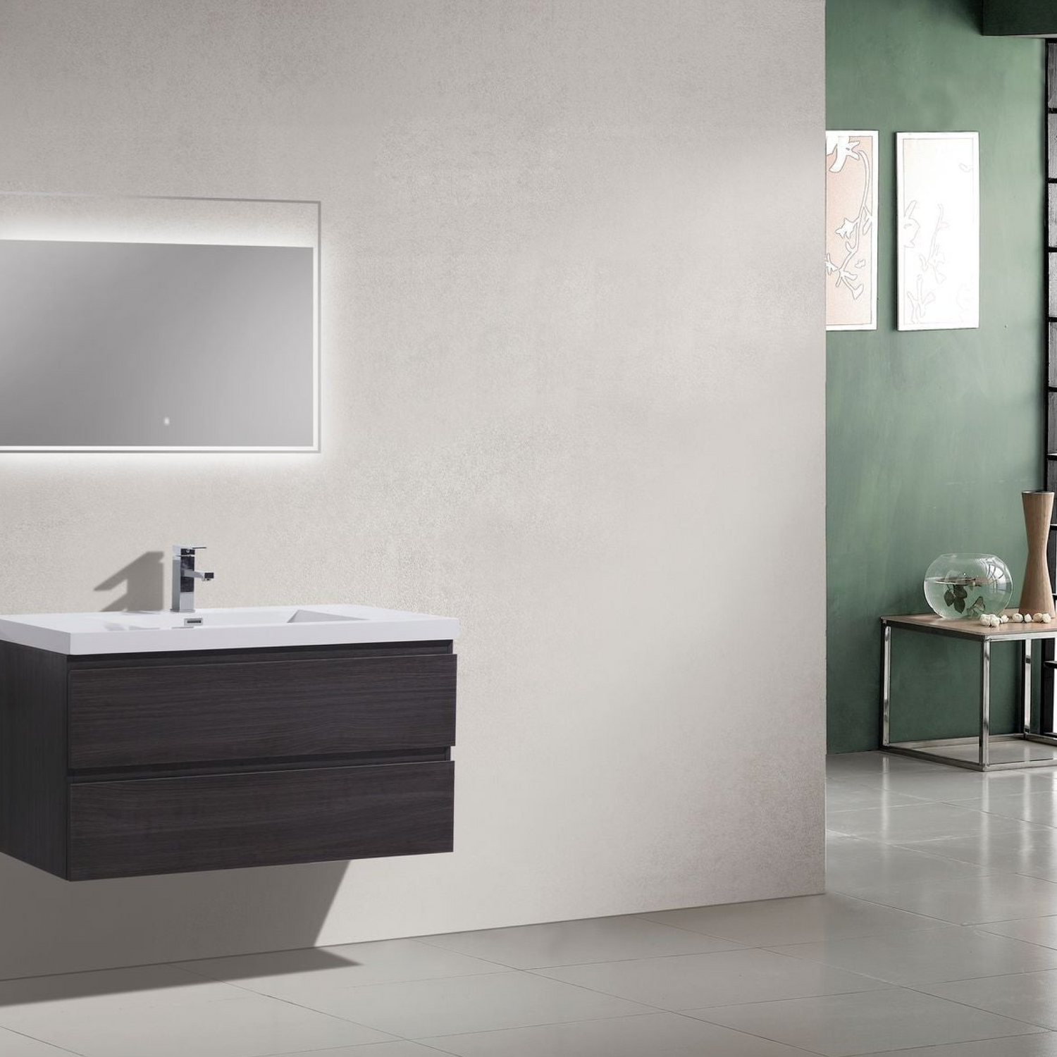Boho Elegance 42&quot; Dark Gray Oak Wall-Mounted Vanity With Single Reinforced White Acrylic Sink