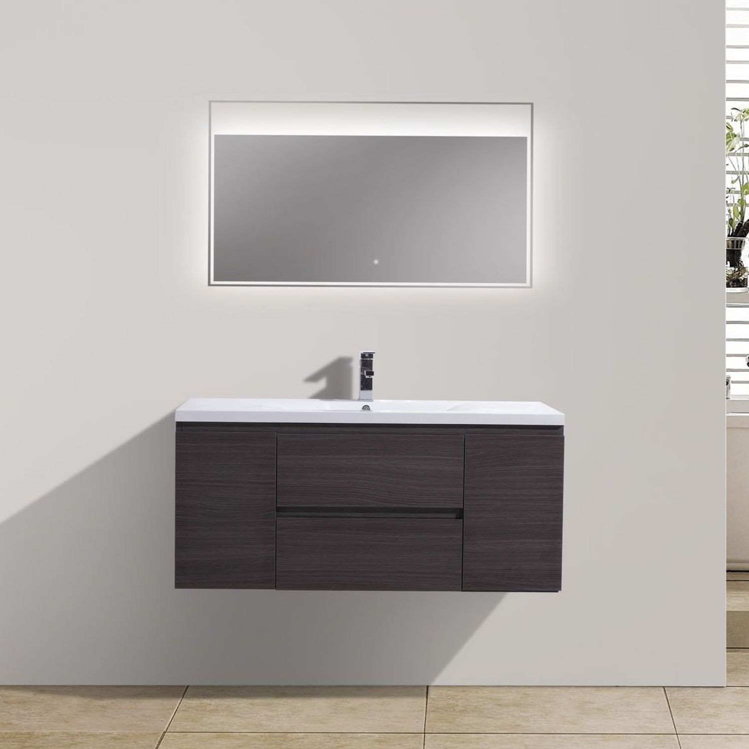 Boho Elegance 48&quot; Dark Gray Oak Wall-Mounted Vanity With Single Reinforced White Acrylic Sink