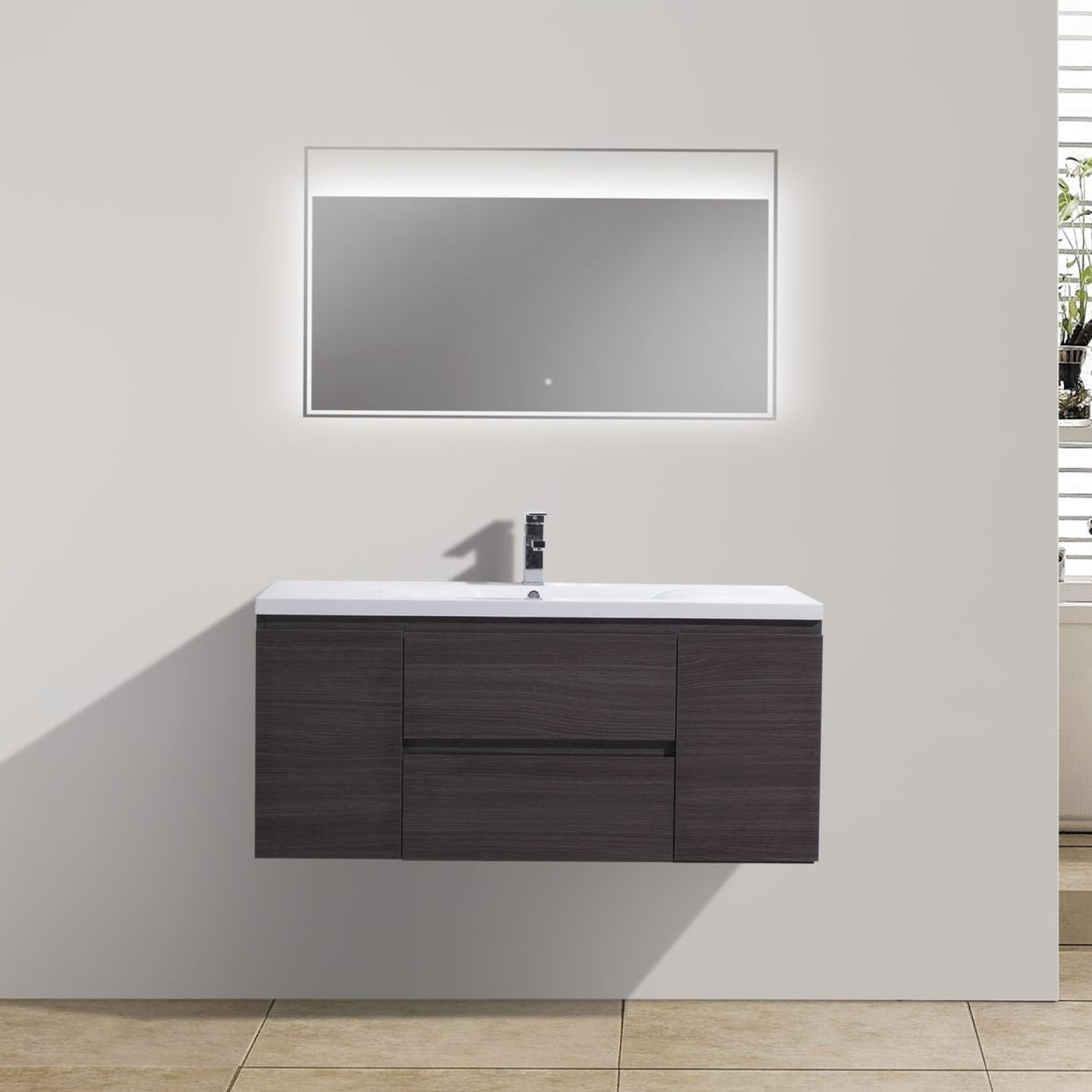 Boho Elegance 48&quot; Dark Gray Oak Wall-Mounted Vanity With Single Reinforced White Acrylic Sink