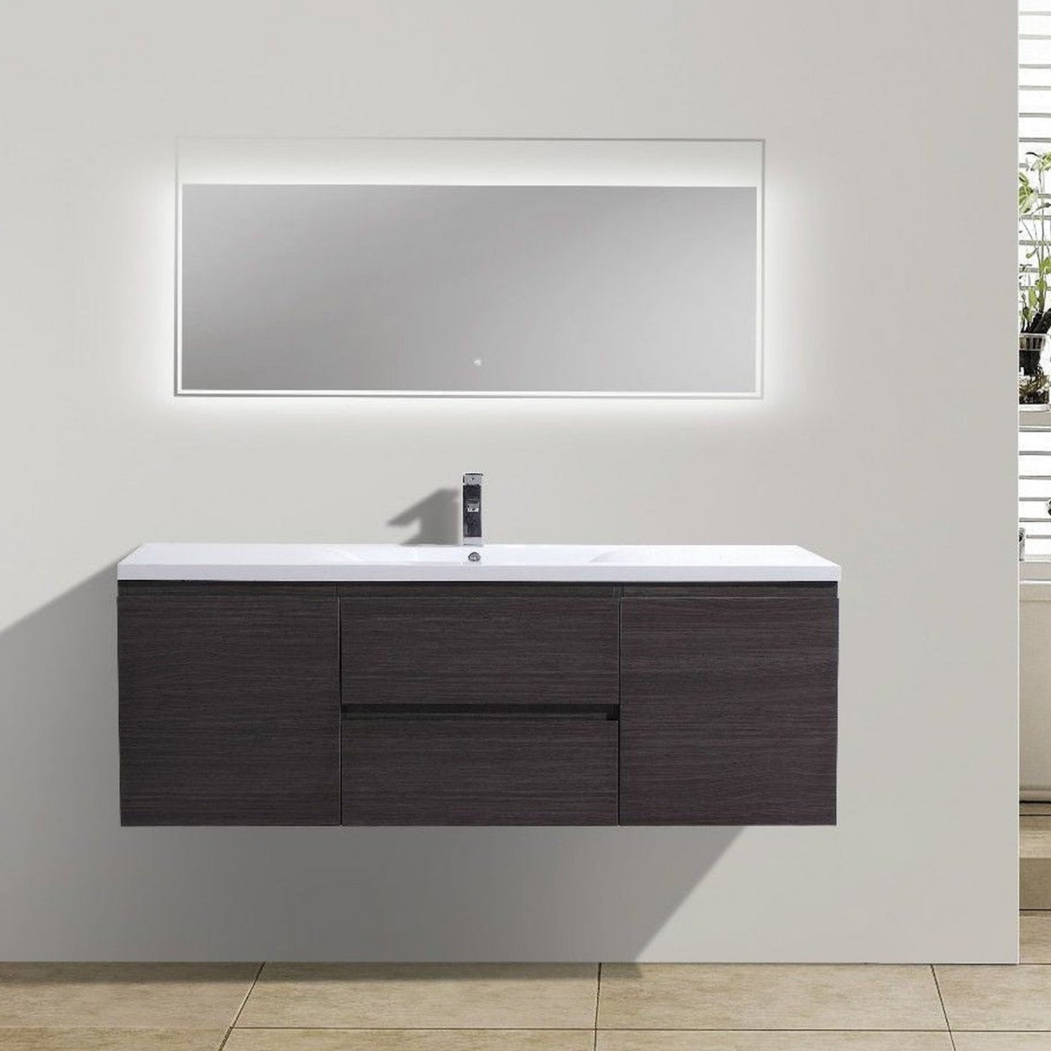 Boho Elegance 60&quot; Dark Gray Oak Wall-Mounted Vanity With Single Reinforced White Acrylic Sink