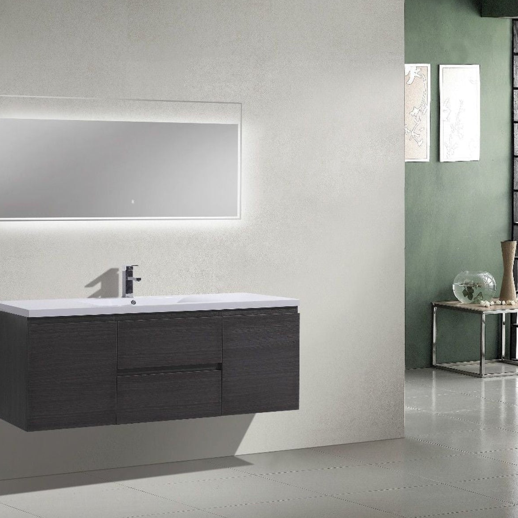 Boho Elegance 60&quot; Dark Gray Oak Wall-Mounted Vanity With Single Reinforced White Acrylic Sink