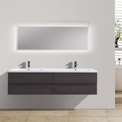 Boho Elegance 84&quot; Dark Gray Oak Wall-Mounted Vanity With Double Reinforced White Acrylic Sinks