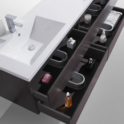Boho Elegance 84&quot; Dark Gray Oak Wall-Mounted Vanity With Double Reinforced White Acrylic Sinks
