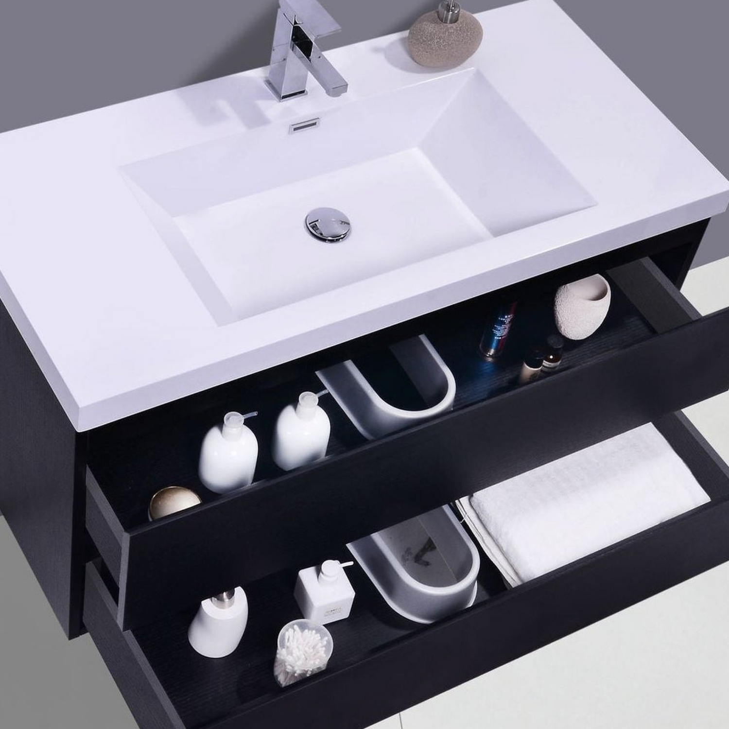 Boho Elegance 42&quot; Rich Black Wall-Mounted Vanity With Single Reinforced White Acrylic Sink