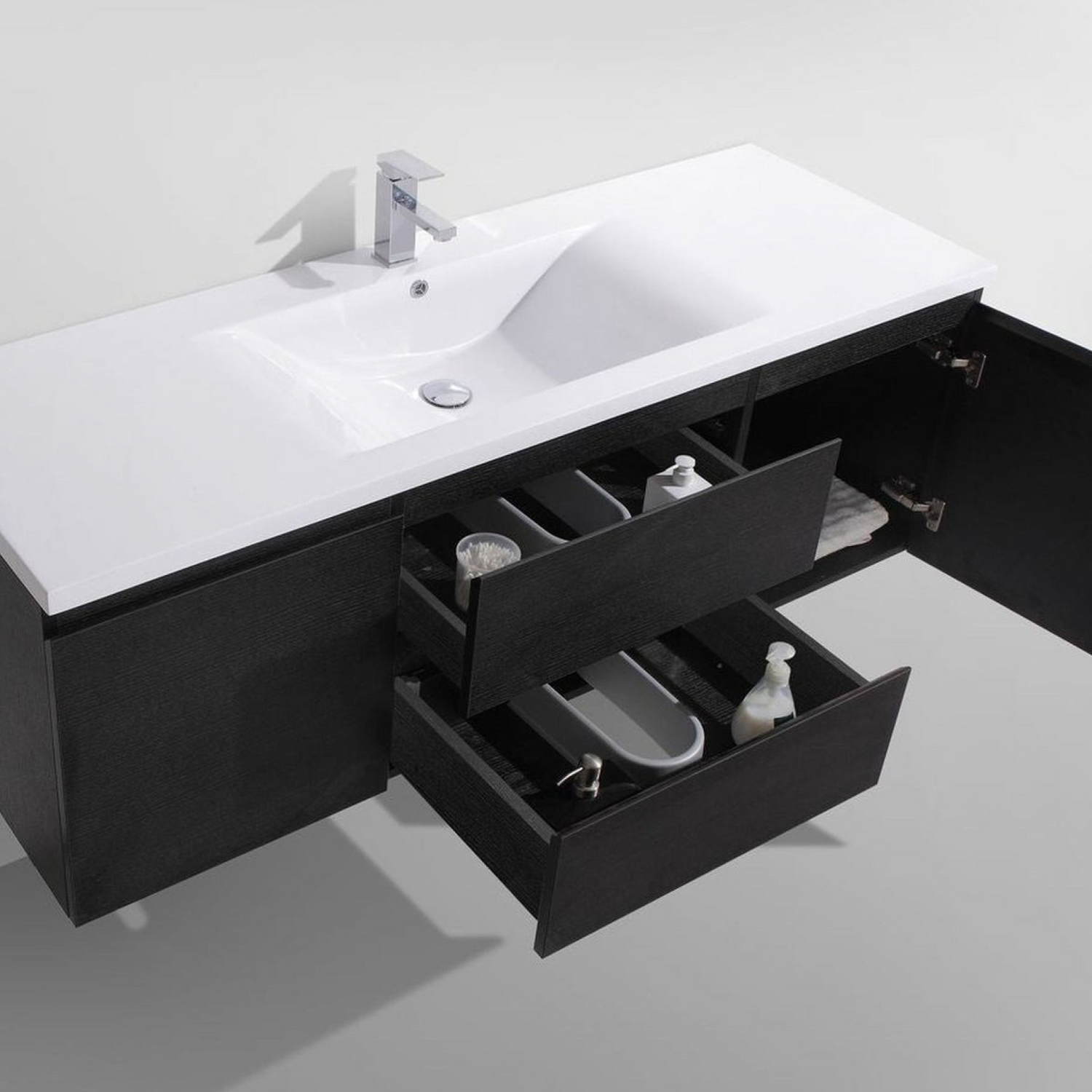 Boho Elegance 60&quot; Rich Black Wall-Mounted Vanity With Single Reinforced White Acrylic Sink