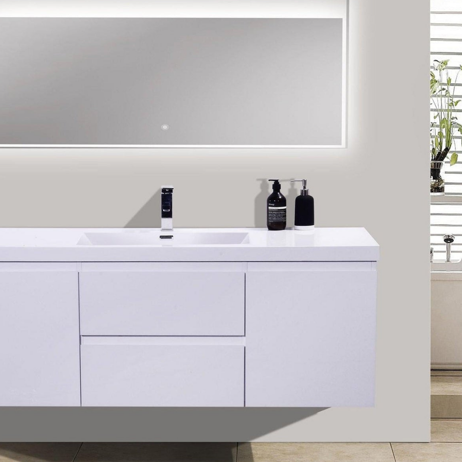 Boho Elegance 60&quot; High Gloss White Wall-Mounted Vanity With Single Reinforced White Acrylic Sink