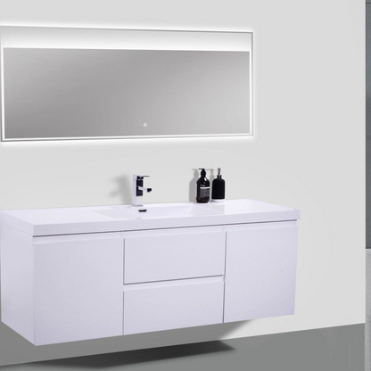 Boho Elegance 60&quot; High Gloss White Wall-Mounted Vanity With Single Reinforced White Acrylic Sink