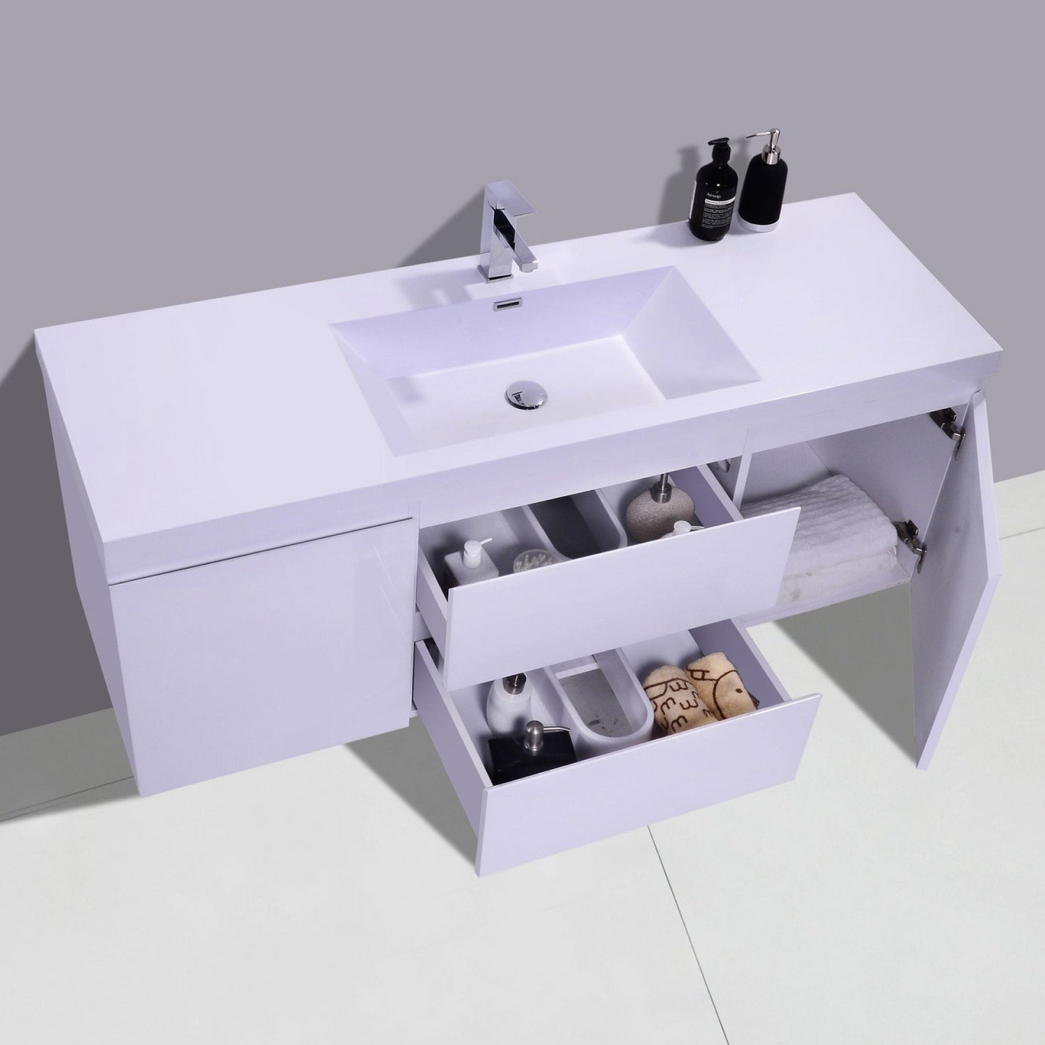 Boho Elegance 60&quot; High Gloss White Wall-Mounted Vanity With Single Reinforced White Acrylic Sink
