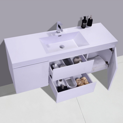 Boho Elegance 60&quot; High Gloss White Wall-Mounted Vanity With Single Reinforced White Acrylic Sink