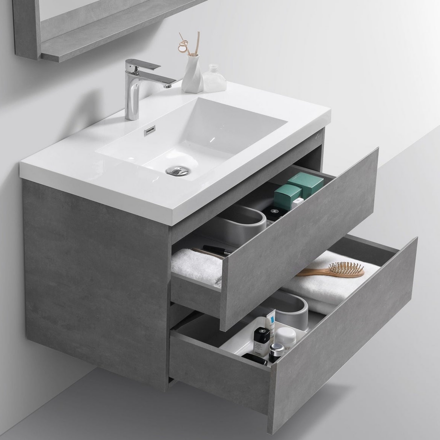 Boho Elegance 36&quot; Cement Gray Wall-Mounted Vanity With Single Reinforced White Acrylic Sink
