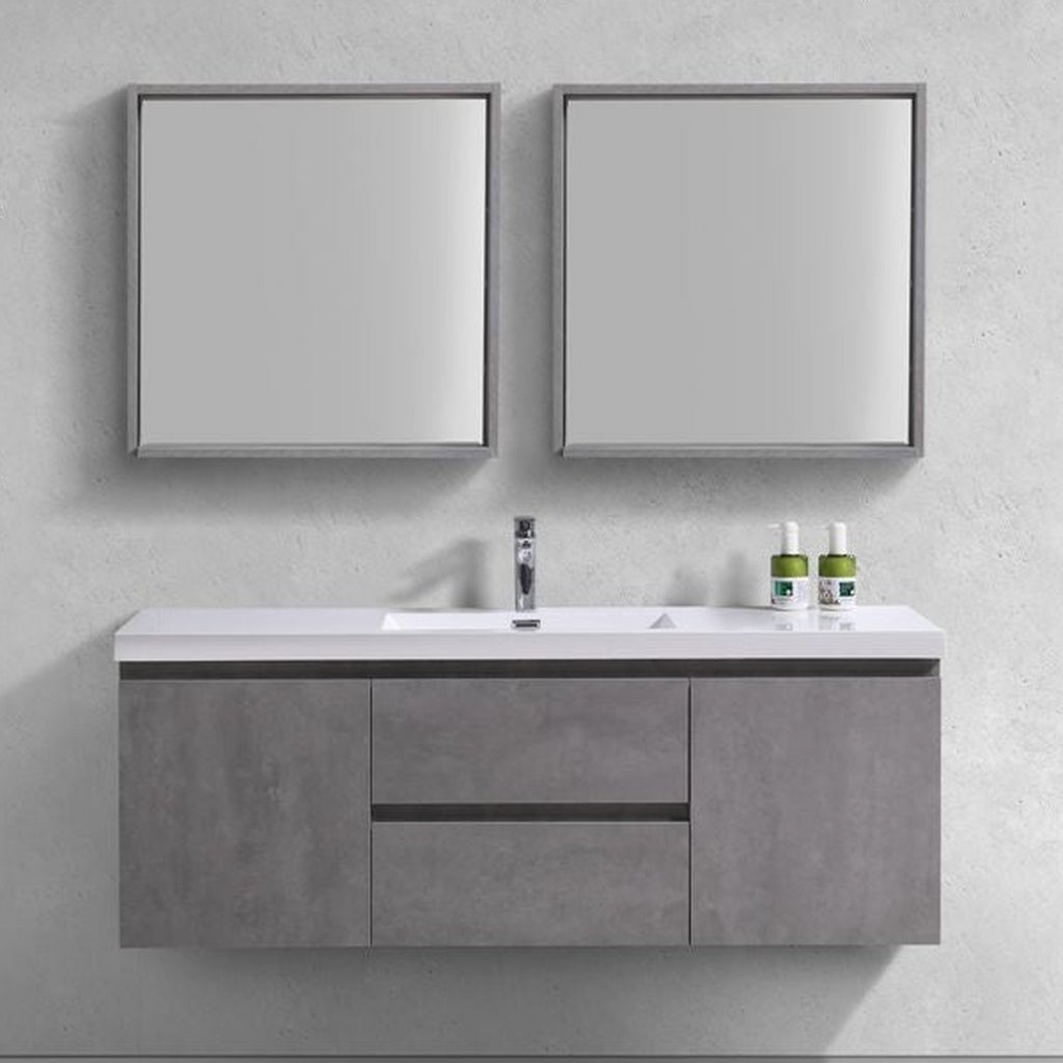 Boho Elegance 60&quot; Cement Gray Wall Mounted Vanity With Single Reinforced White Acrylic Sink