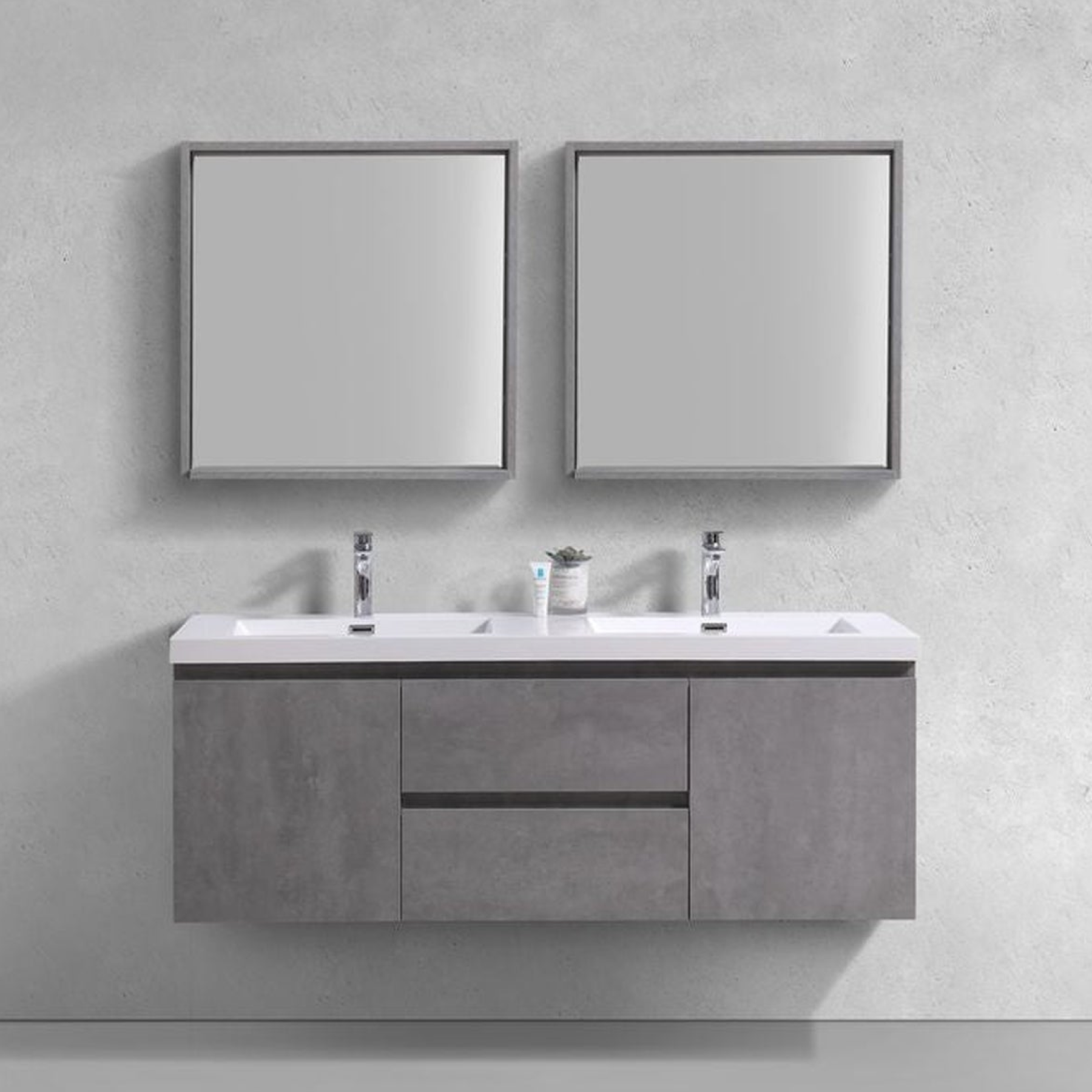 Boho Elegance 60&quot; Cement Gray Wall-Mounted Vanity With Double Reinforced White Acrylic Sinks