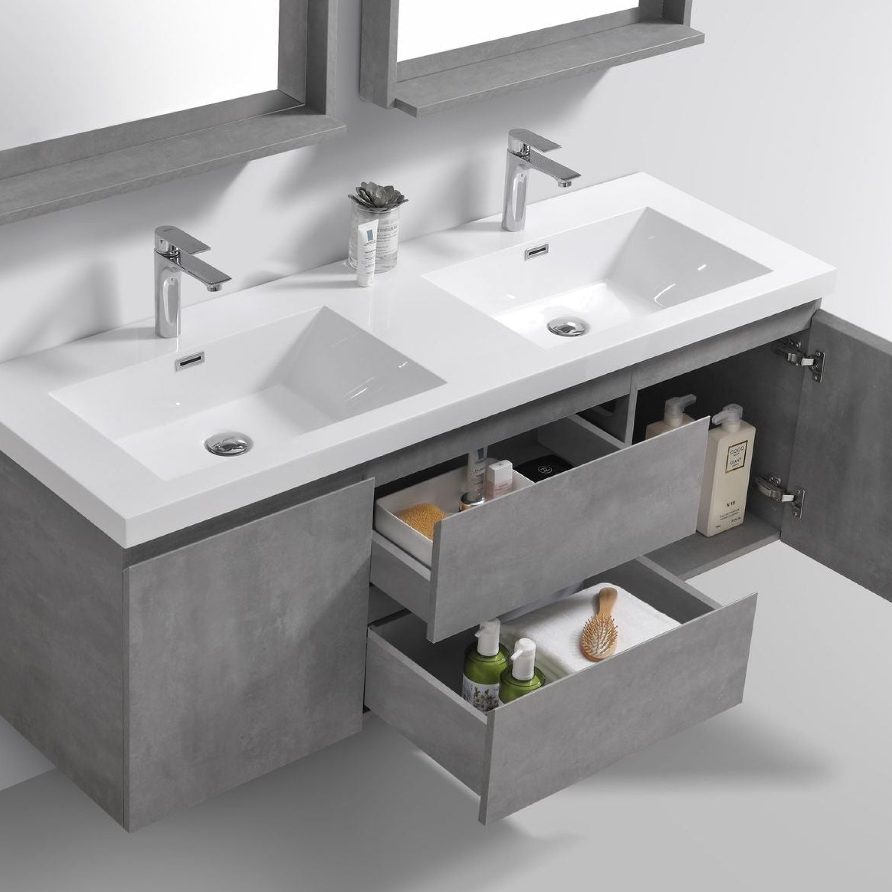 Boho Elegance 60&quot; Cement Gray Wall-Mounted Vanity With Double Reinforced White Acrylic Sinks