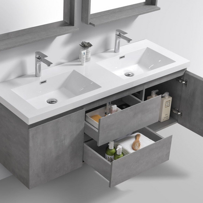 Boho Elegance 60&quot; Cement Gray Wall-Mounted Vanity With Double Reinforced White Acrylic Sinks