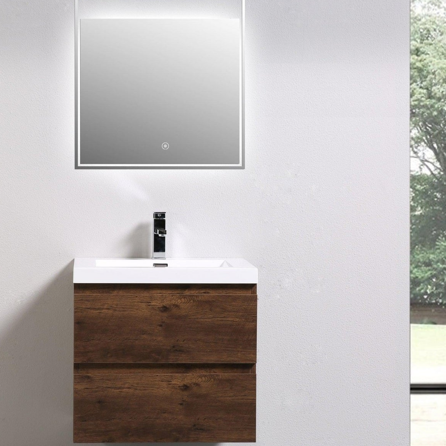 Boho Elegance 24&quot; Rosewood Wall-Mounted Vanity With Single Reinforced White Acrylic Sink