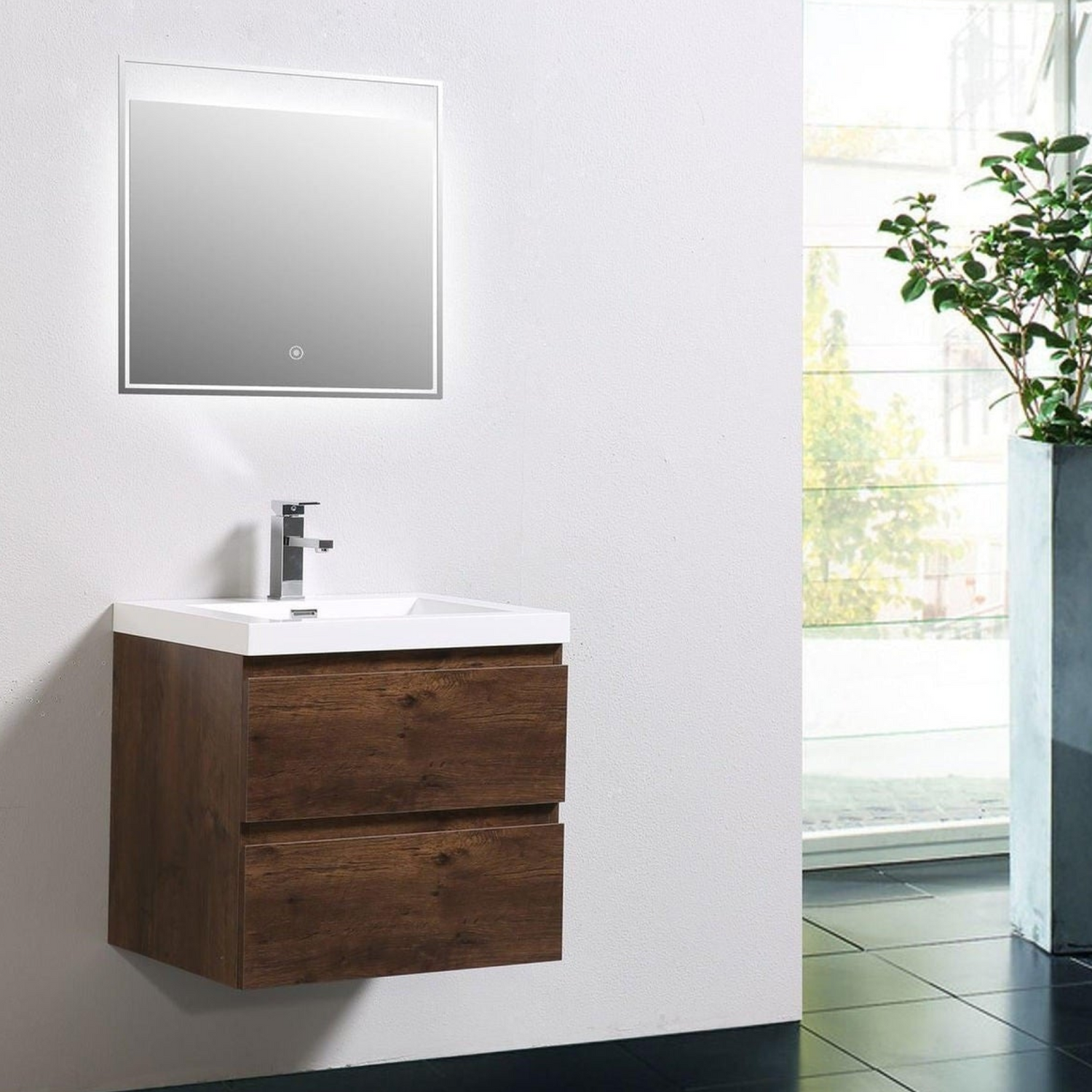 Boho Elegance 24&quot; Rosewood Wall-Mounted Vanity With Single Reinforced White Acrylic Sink