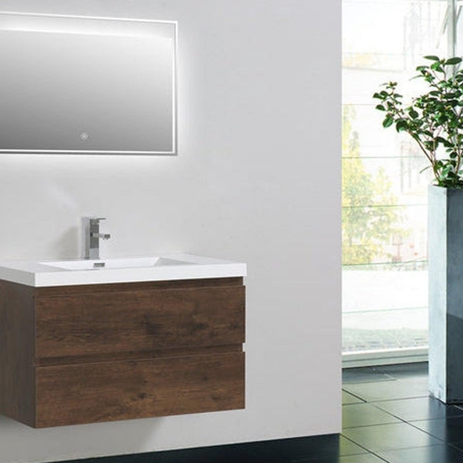 Boho Elegance 36&quot; Rosewood Wall-Mounted Vanity With Single Reinforced White Acrylic Sink