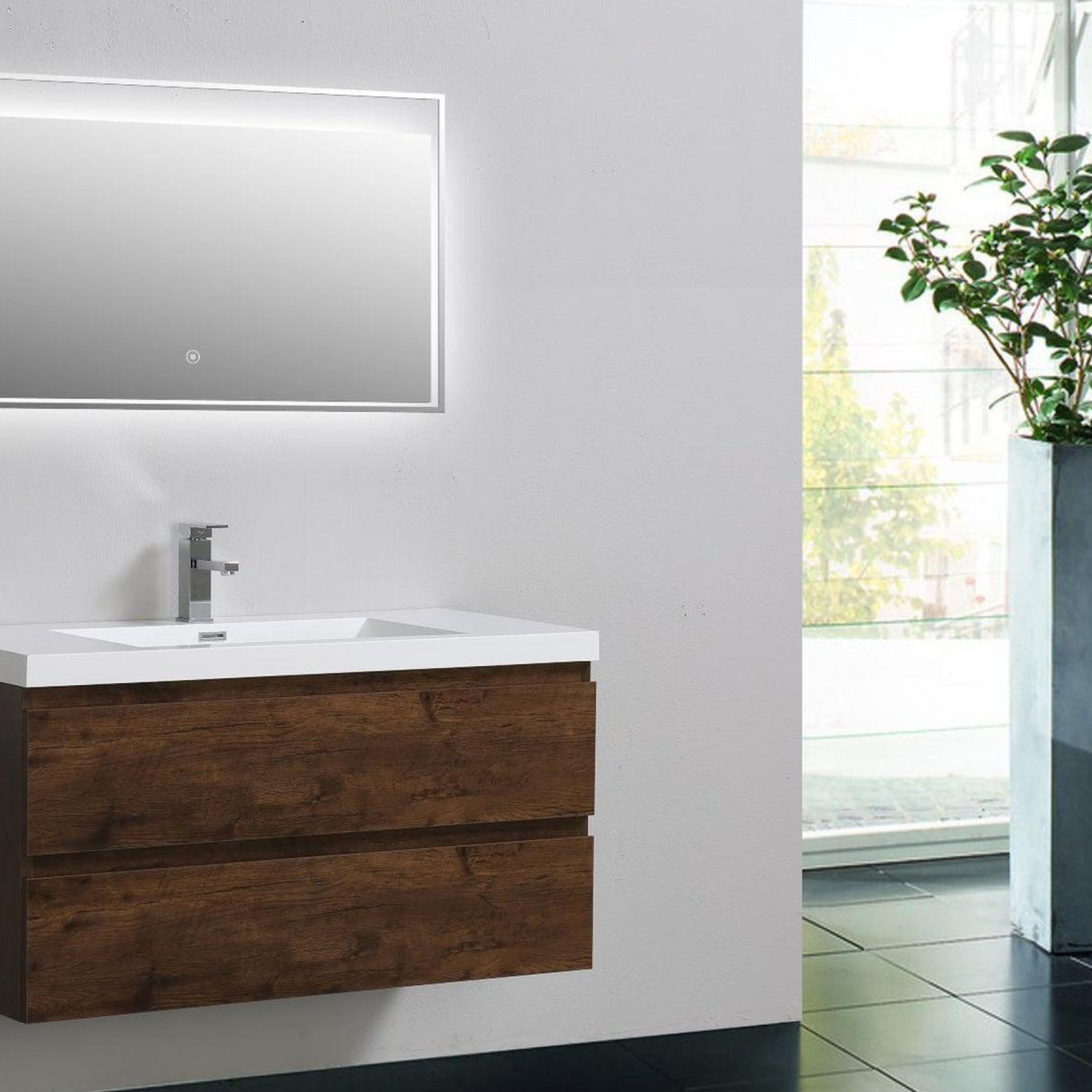Boho Elegance 42&quot; Rosewood Wall-Mounted Vanity With Single Reinforced White Acrylic Sink