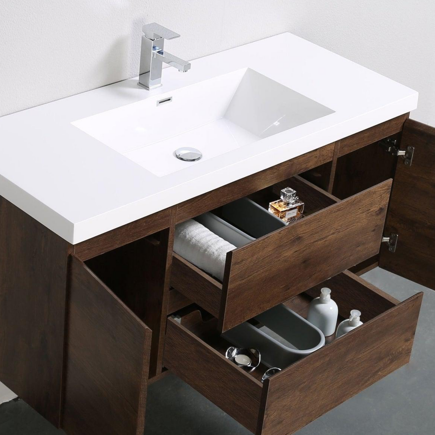 Boho Elegance 48&quot; Rosewood Wall-Mounted Vanity With Single Reinforced White Acrylic Sink
