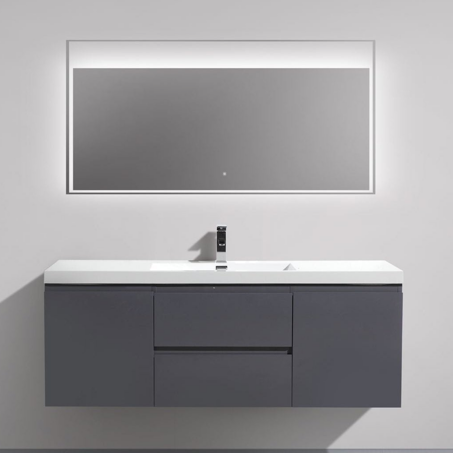 Boho Elegance 60&quot; High Gloss Gray Wall-Mounted Vanity With Single Reinforced White Acrylic Sink