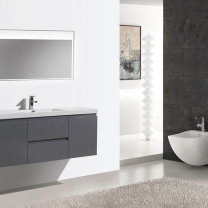 Boho Elegance 60&quot; High Gloss Gray Wall-Mounted Vanity With Single Reinforced White Acrylic Sink
