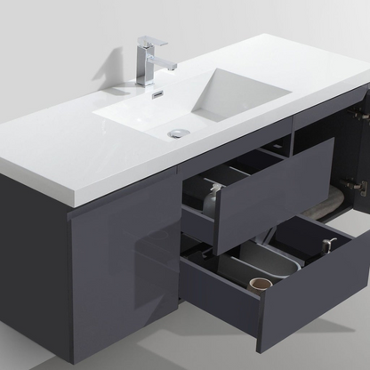 Boho Elegance 60&quot; High Gloss Gray Wall-Mounted Vanity With Single Reinforced White Acrylic Sink