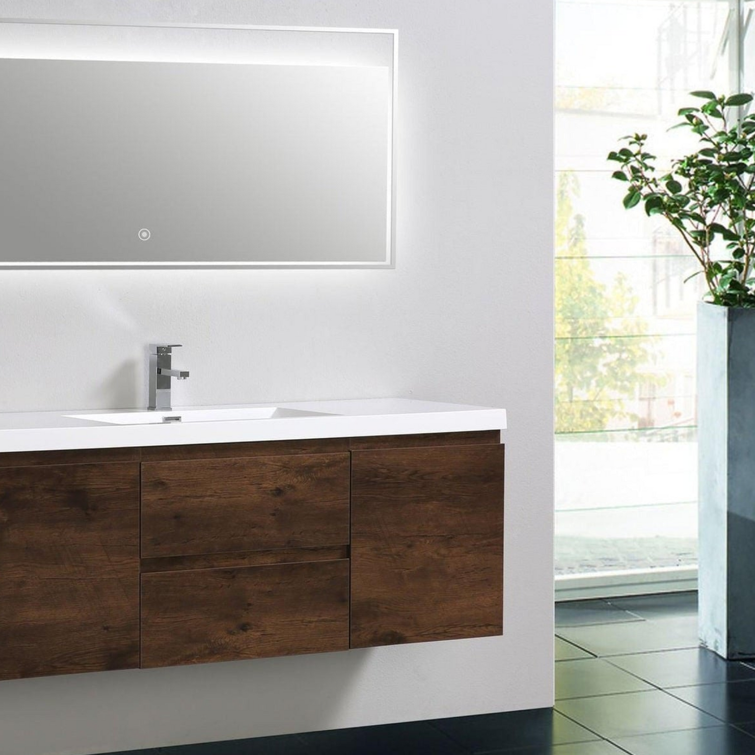Boho Elegance 60&quot; Rosewood Wall-Mounted Vanity With Single Reinforced White Acrylic Sink