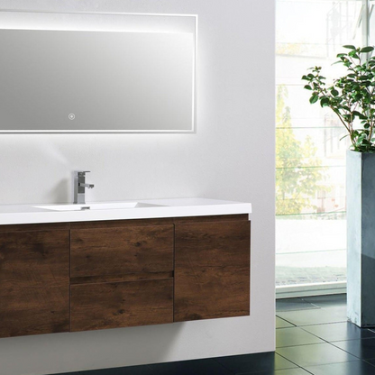 Boho Elegance 60&quot; Rosewood Wall-Mounted Vanity With Single Reinforced White Acrylic Sink