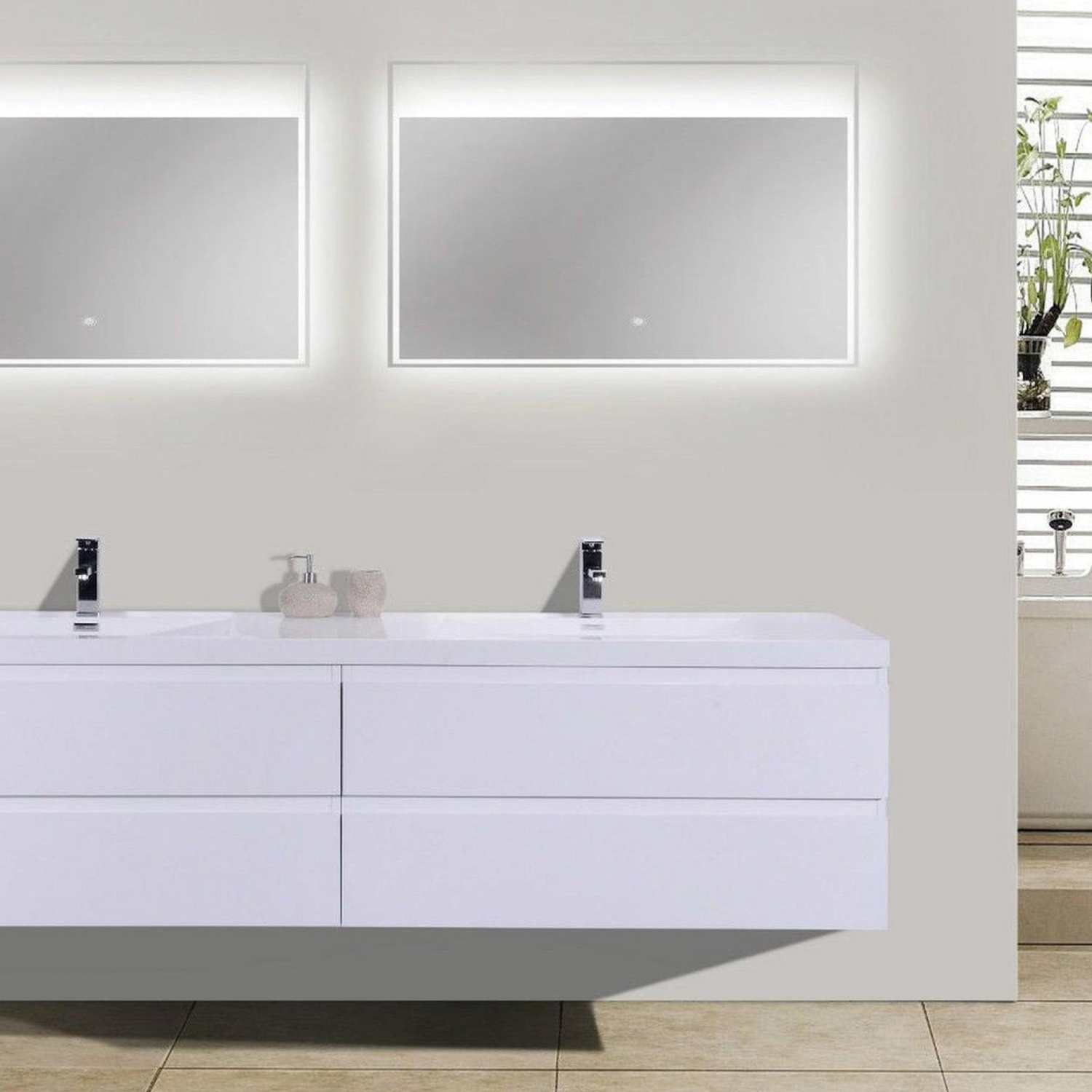 Boho Elegance 72&quot; High Gloss White Wall-Mounted Vanity With Double Reinforced White Acrylic Sinks