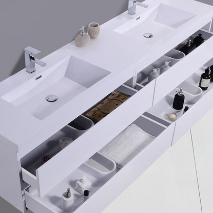 Boho Elegance 72&quot; High Gloss White Wall-Mounted Vanity With Double Reinforced White Acrylic Sinks