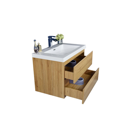 Boho Elegance 30&quot; Nature Oak Wall-Mounted Vanity With Single Reinforced White Acrylic Sink