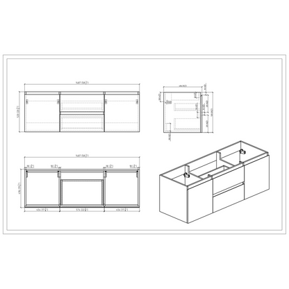 Boho Elegance 60&quot; White Oak Wall-Mounted Vanity With Double Reinforced White Acrylic Sinks