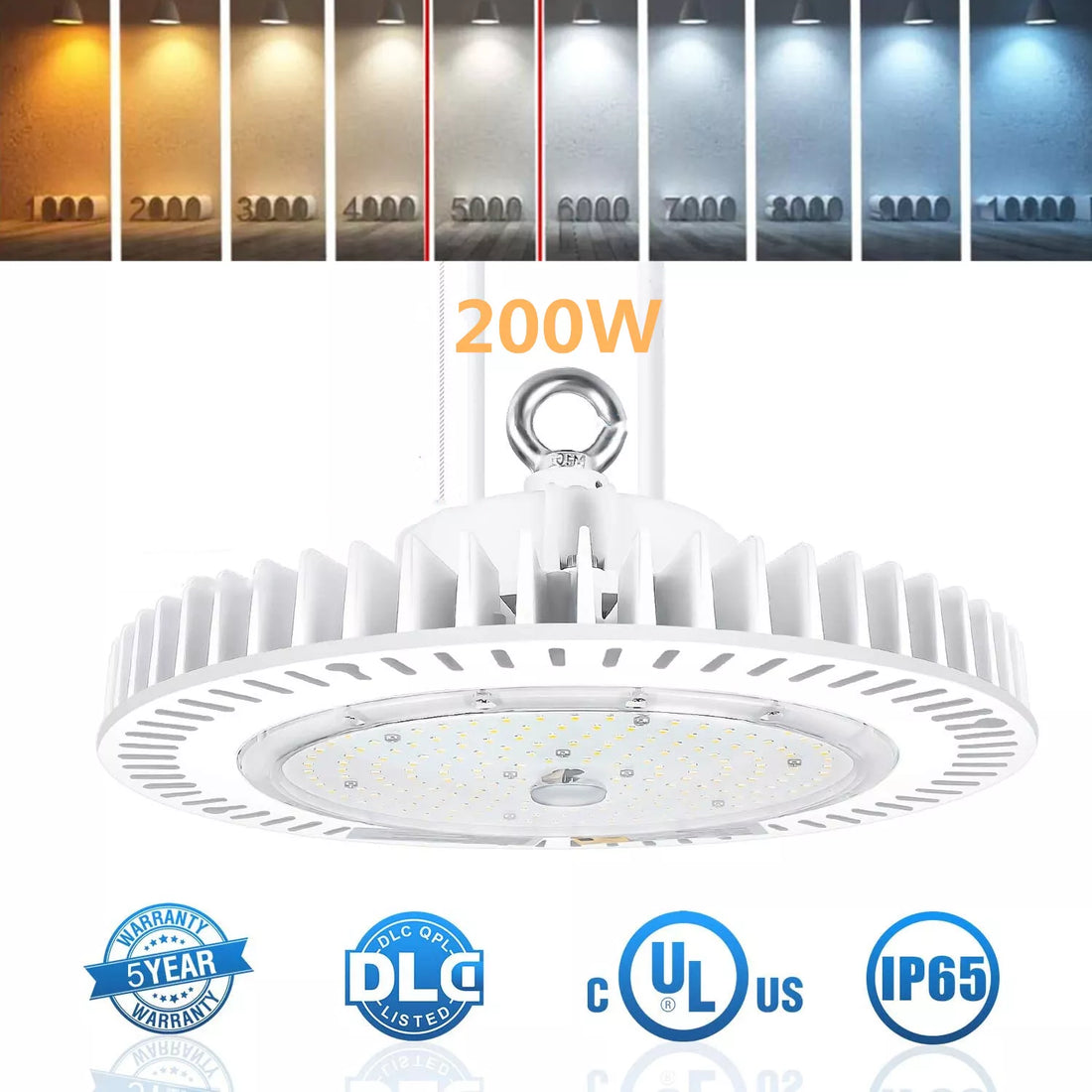 UFO LED High Bay Light 200W, 28,000LM, White, 5000K Daylight, Dimmable, IP65 Waterproof, UL &amp; DLC Listed, For Warehouse Workshop Factory Barn Garage Gymnasium Airport