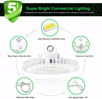 UFO LED High Bay Light 200W, 28,000LM, White, 5000K Daylight, Dimmable, IP65 Waterproof, UL &amp; DLC Listed, For Warehouse Workshop Factory Barn Garage Gymnasium Airport