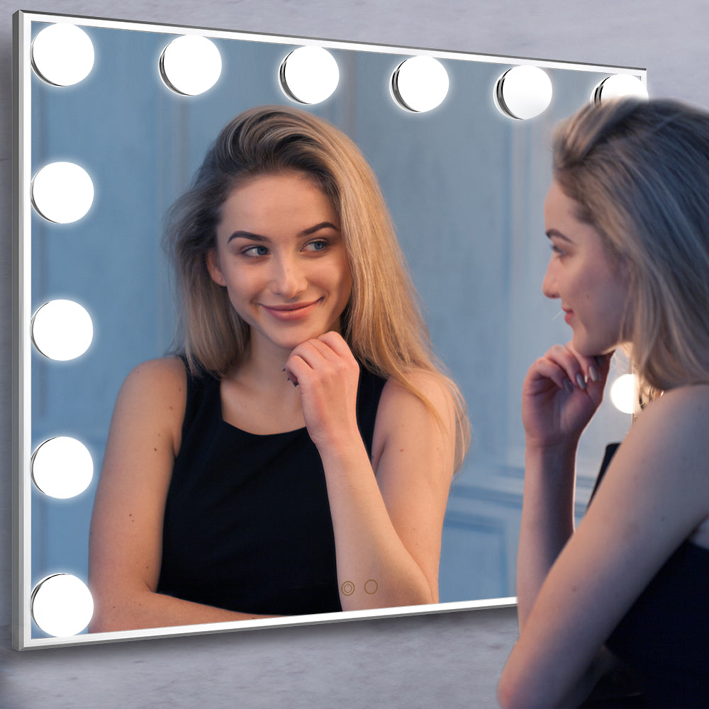 Vanity Mirror with Lights,Big Make Up Mirror with 14 Dimmer Bulbs,Bedroom Black Mirror Tabletop or Wall Mounted Hollywood Style Smart Mirror