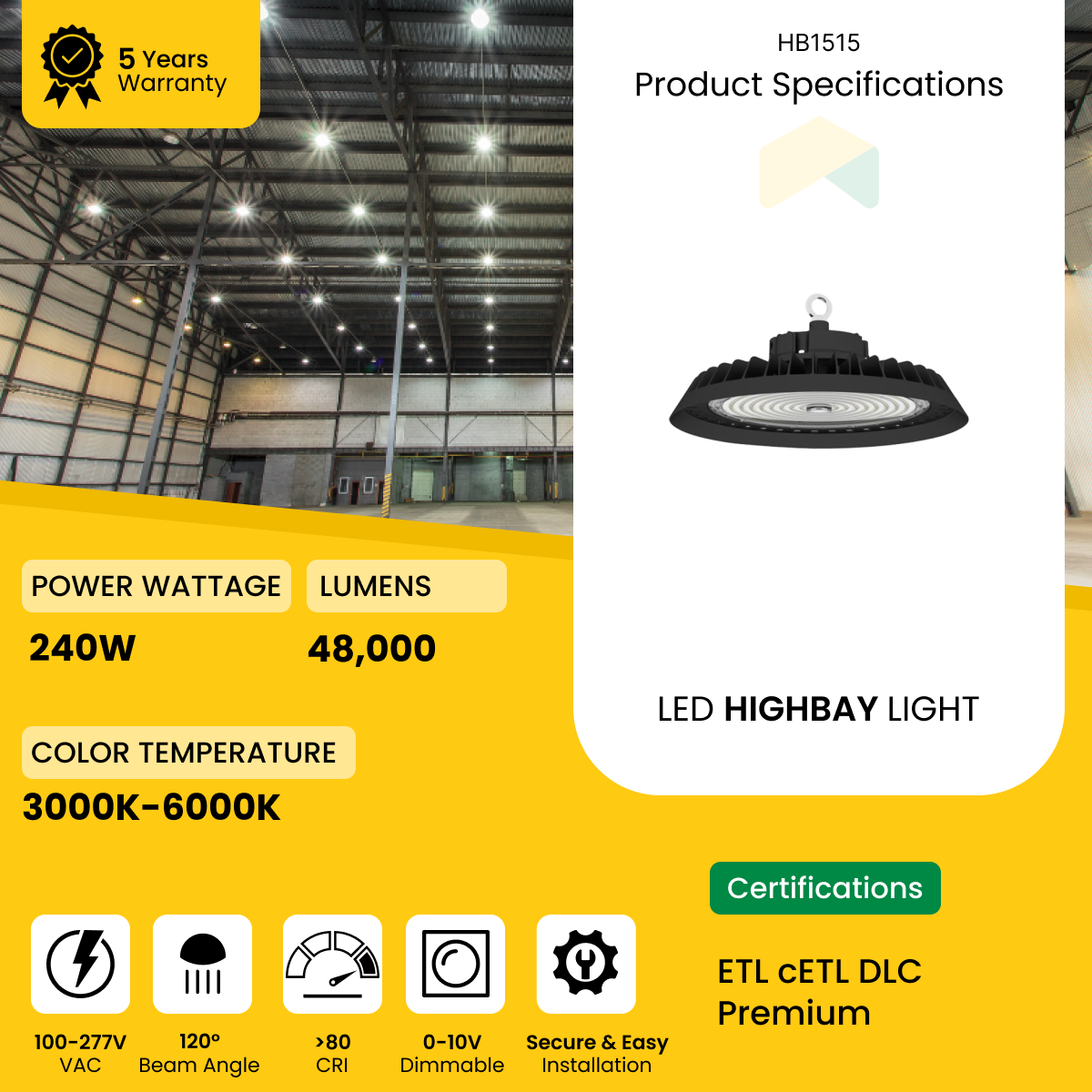 LED UFO High Bay Light- 150W/200W/240W Wattage Adjustable, 4000K/5000K/5700K CCT Changeable, 0-10V Dimmable - 100-347V, 140Lumens 6ft Wire Length - UL, DLC 5.1 Premium