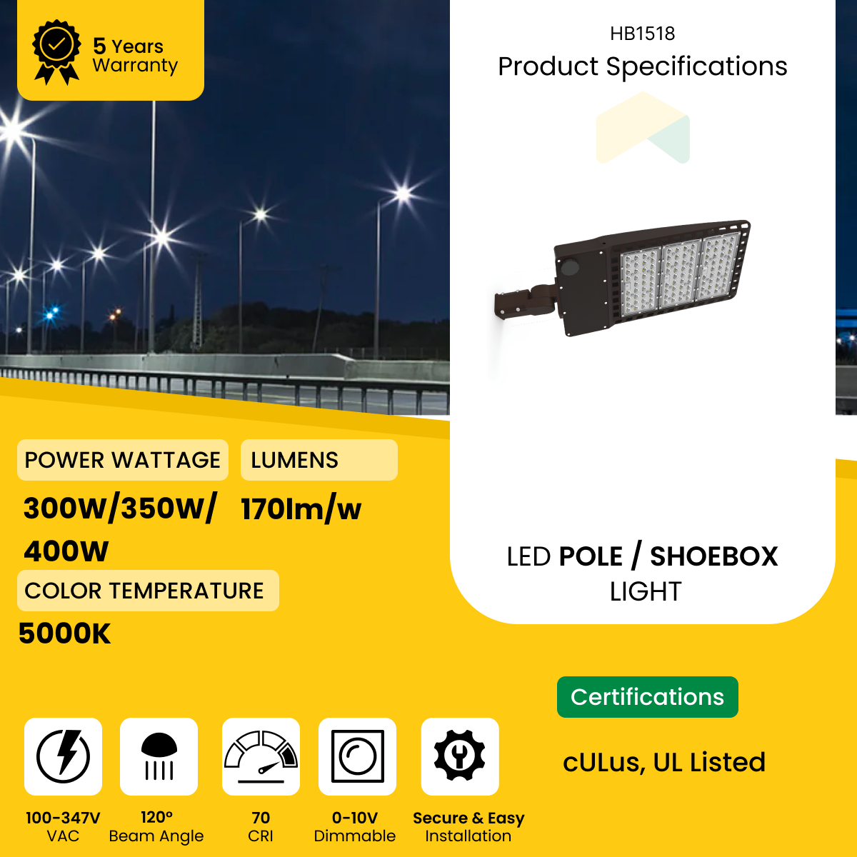 LED Shoebox Light/Area Light - Direct Mount - 300W/350W/400W Wattage Adjustable, 5000K CCT, 0-10V dimmable IP67 Waterproof Rated, 100-347V, 170Lumens UL, DLC 5.1 Premium