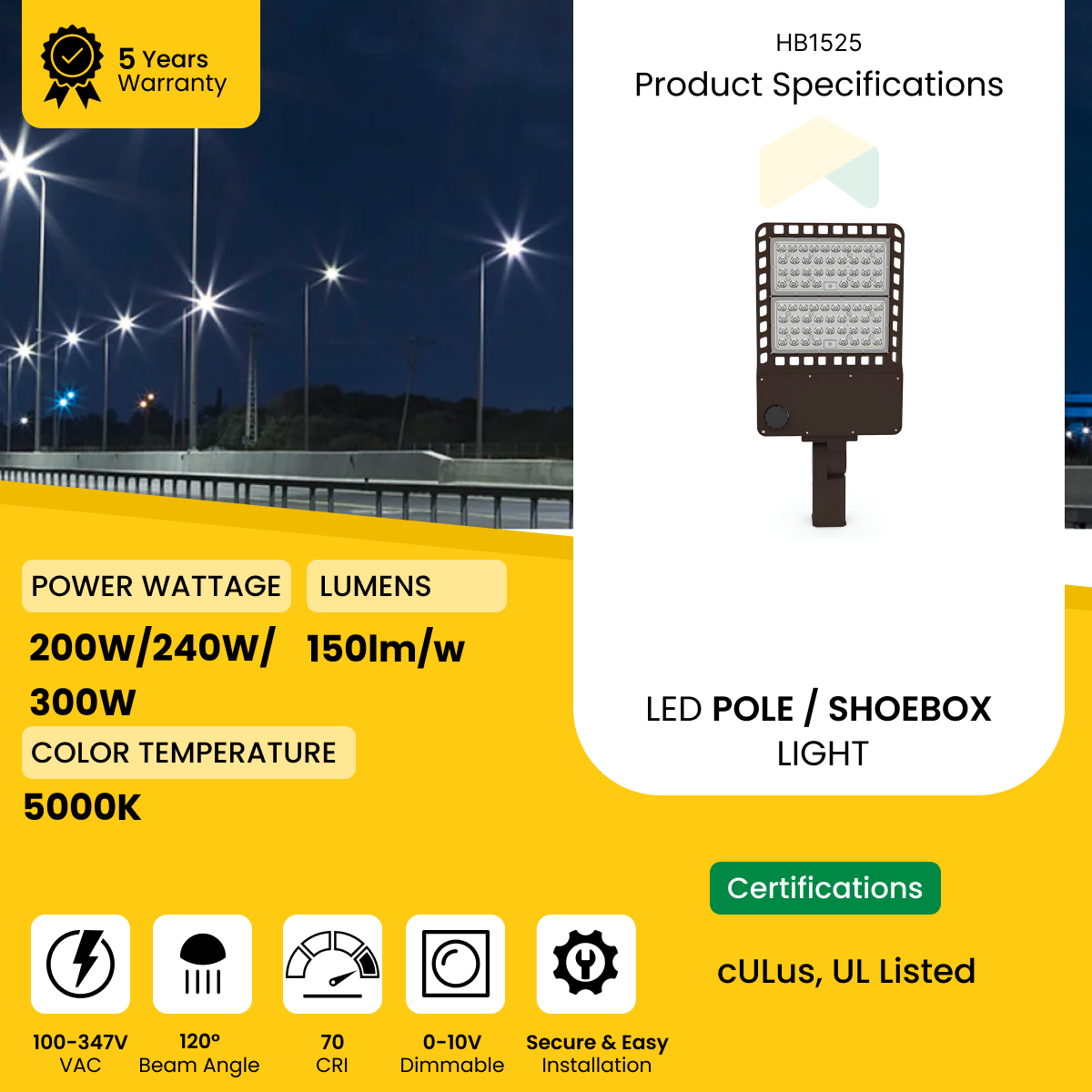 LED Shoebox Light/Area Light - Slip Fitter Mount - 100W/150W/200W Wattage Adjustable, 5000K CCT, 0-10V dimmable IP67 Waterproof Rated, 100-347V, 150LM/W, UL, DLC 5.1 Premium