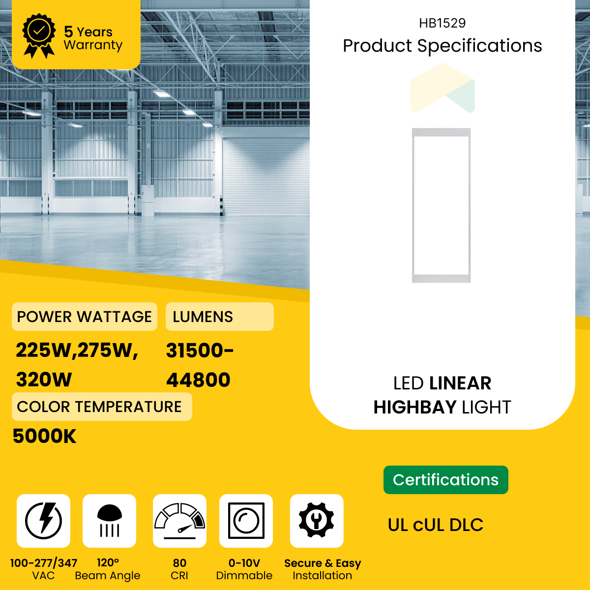 4 ft LED Linear High Bay Light 225W/275W/320W Wattage Adjustable, 5000K CCT, 0-10V Dim, 100-347V, 44800Lumens, UL, DLC 5.1 Premium - (2-Pack)