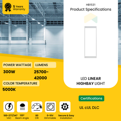 2 ft LED Linear High Bay Light 255W/275W/300W Wattage Adjustable, 5000K CCT, 0-10V Dim, 100-347V, 42000Lumens, UL, DLC 5.1 Premium - (2-Pack)