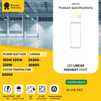 2 ft LED Linear High Bay Light 180W/200W/220W Wattage Adjustable, 5000K CCT, 0-10V Dim, 100-347V, 30800Lumens, UL, DLC 5.1 Premium - (2-Pack)