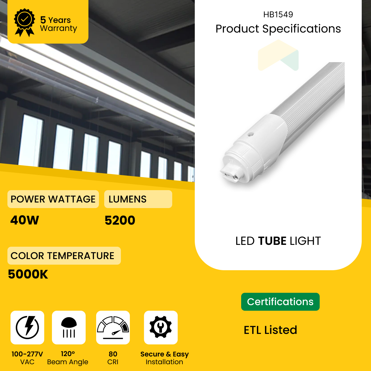 8ft LED Tube Light - 40W - 5000K - 5000 Lumens - AC100-277V - Frosted Cover - R17D - (25-Pack)