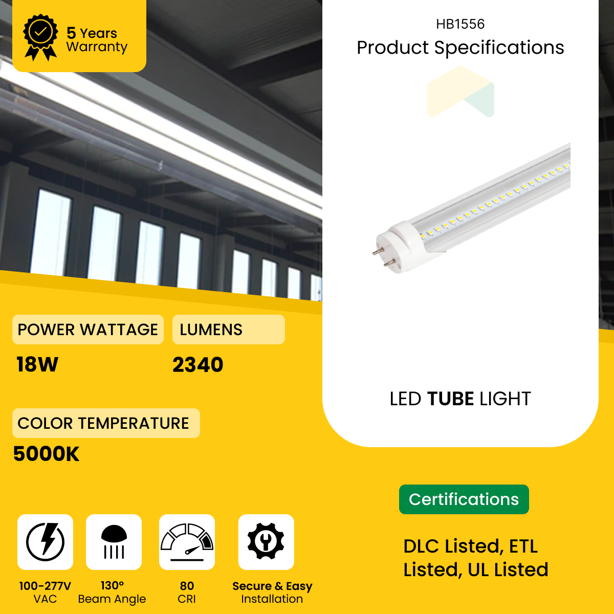 4ft LED Tube Light - 15W - 5000K - 100-277VAC - 1950 Lumens - Aluminum Housing, External Driver, Frosted Lens - 30 Pack