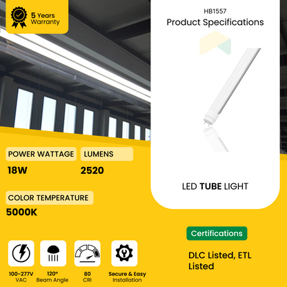 4ft LED Tube Light - 18W - 2340 Lumens - AC100-277V - 5000K - Frosted Cover - Bypass Ballast/Type B/Double Ended - (25-Pack)