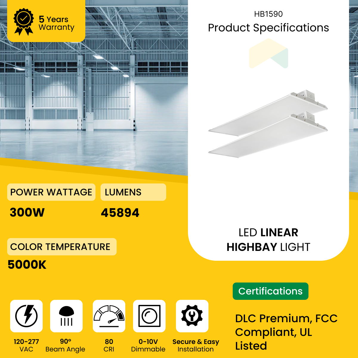 LED Linear High Bay Light - 300W - 5000K- 120-277VAC - 45000 Lumens - 0-10V Dimmable - UL Listed - DLC Premium Listed - 5 Years Warranty - 2-Pack