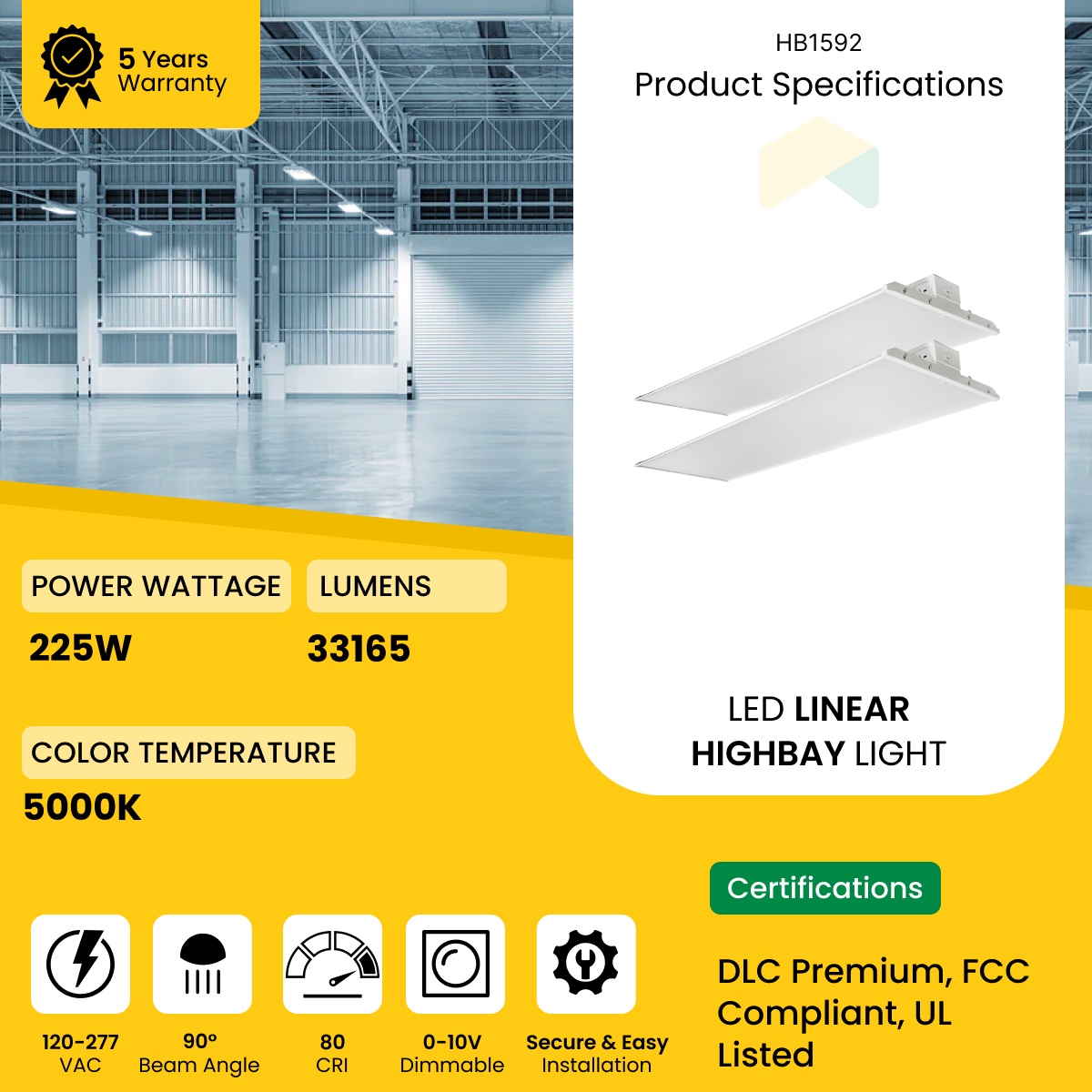 LED Linear High Bay Light - 225W - 5000K- 120-277VAC - 33750 Lumens - 0-10V Dimmable - UL Listed - DLC Premium Listed - 5 Years Warranty - 2-Pack