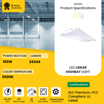 LED Linear High Bay Light - 160W - 5000K- 120-277VAC - 24000 Lumens - 0-10V Dimmable - UL Listed - DLC Premium Listed - 5 Years Warranty - 2-Pack